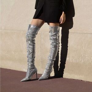 Steve Madden Laddy Pointed-Toe Over-The-Knee High Heel Boots - Silver Sequin - 8
